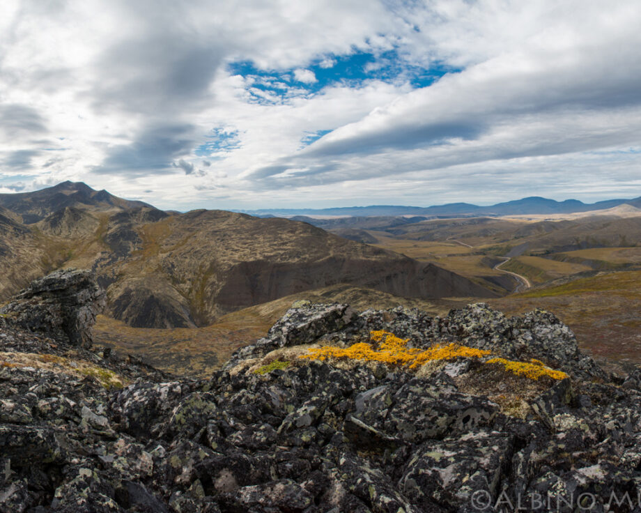 black rocks with yellow moss with road going towards the horizon, yukon landscape scenery